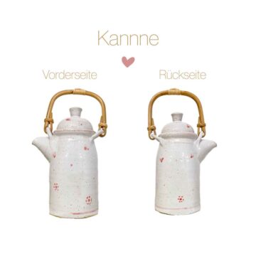Keramikkanne mit Bambushenkel weiss mit Herzen und Blumen Einzelstück