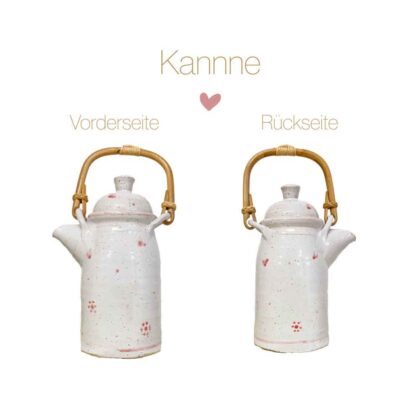 Keramikkanne mit Bambushenkel weiss mit Herzen und Blumen Einzelstück